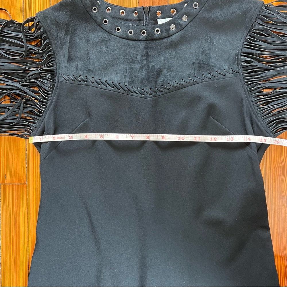 Ipekyol Black Fringe Shoulder Grommet Neck Shift Dress Chic Western Boho Style - Picture 5 of 13